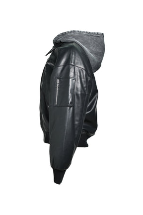 HOODED FAUX LEATHER FLIGHT JACKET / BLK