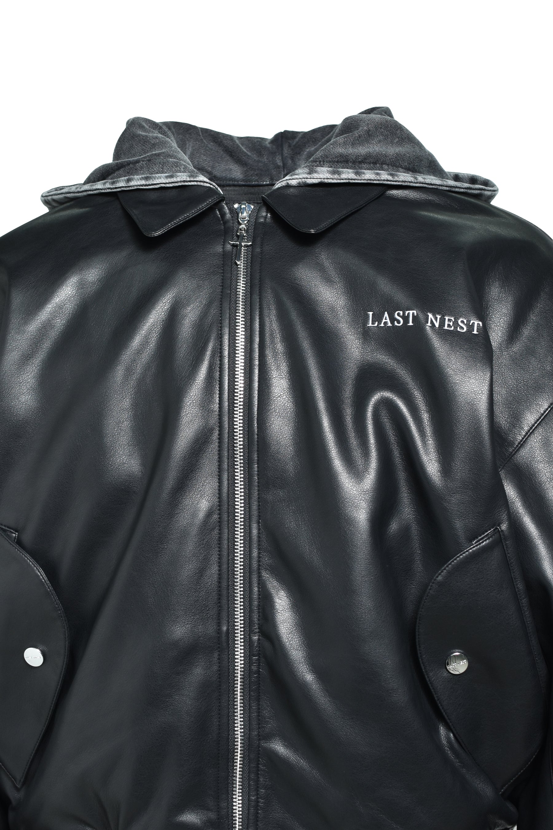 HOODED FAUX LEATHER FLIGHT JACKET / BLK