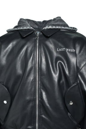 HOODED FAUX LEATHER FLIGHT JACKET / BLK