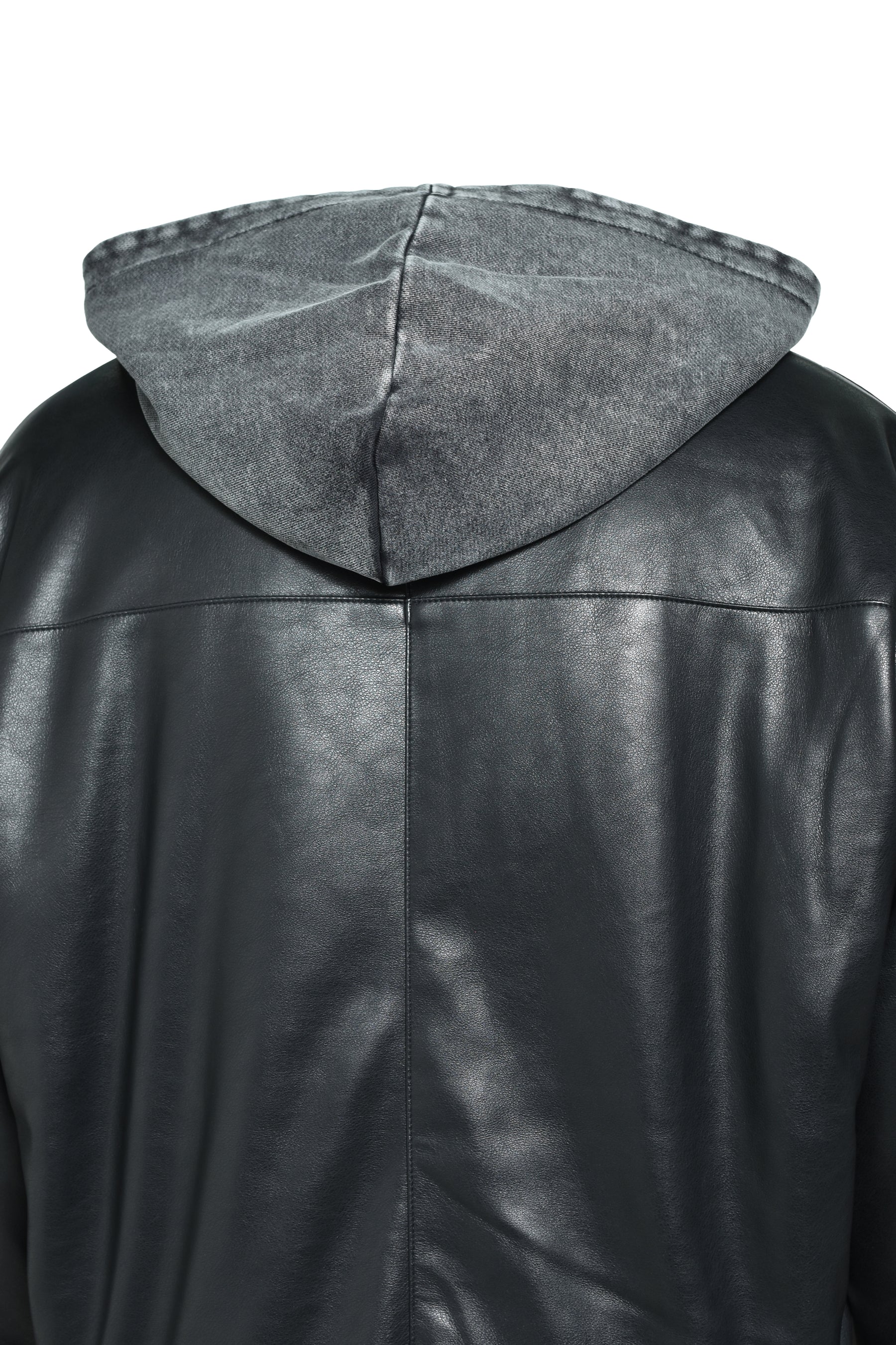 HOODED FAUX LEATHER FLIGHT JACKET / BLK