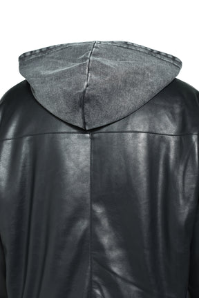 HOODED FAUX LEATHER FLIGHT JACKET / BLK