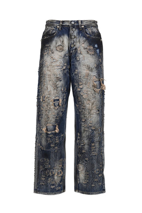 HARD-WASHED DAMAGED DENIM PANTS / BLU 