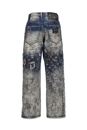 HARD-WASHED DAMAGED DENIM PANTS / BLU 