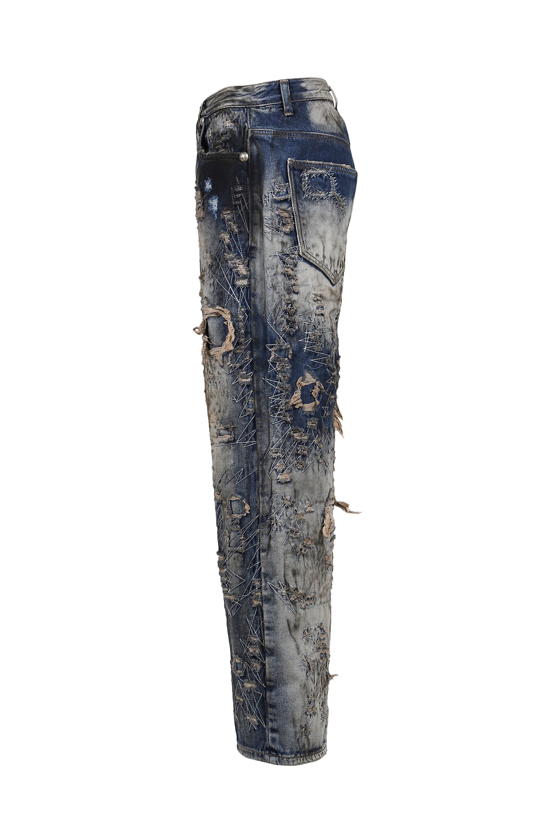 HARD-WASHED DAMAGED DENIM PANTS / BLU 
