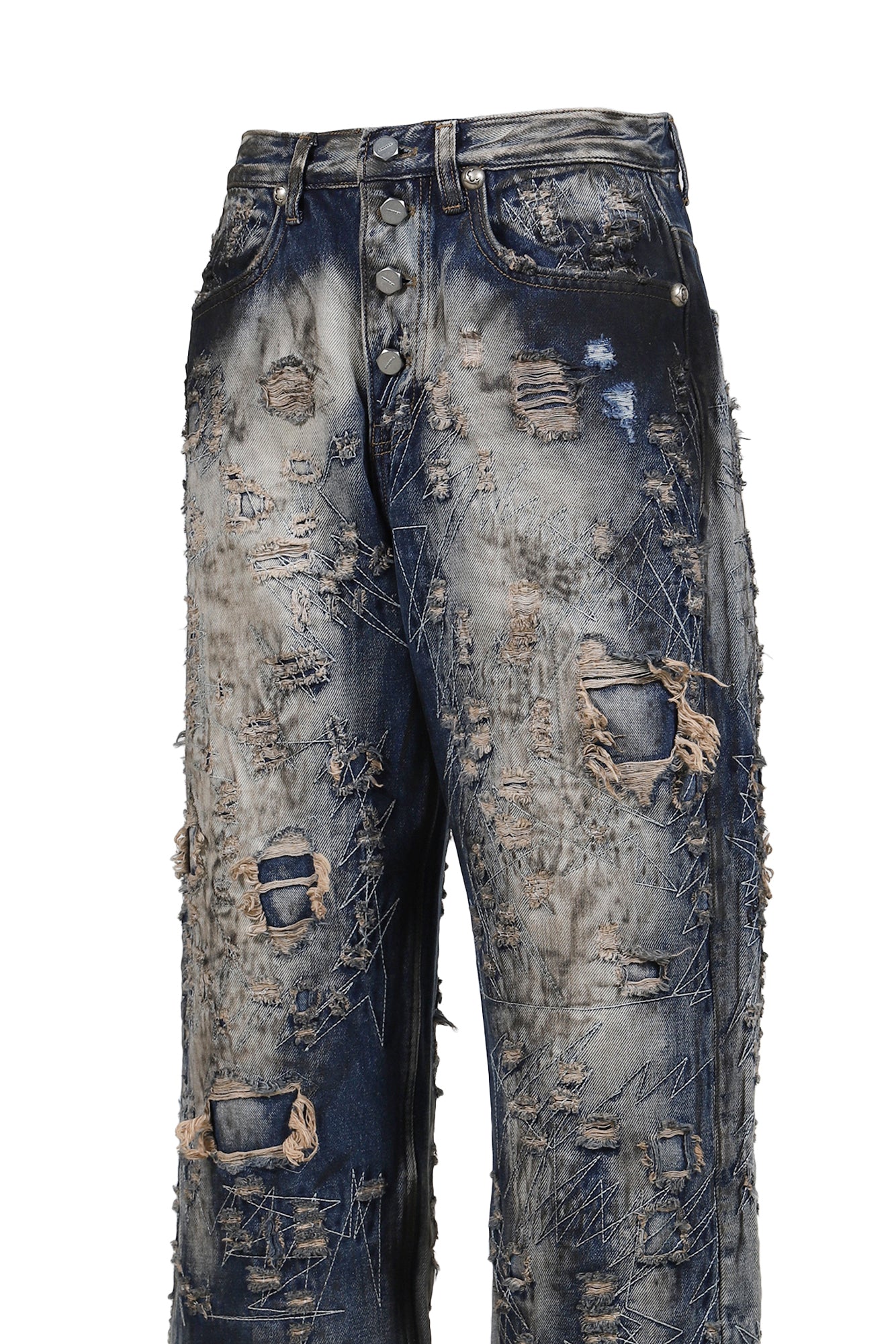 HARD-WASHED DAMAGED DENIM PANTS / BLU 