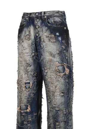 HARD-WASHED DAMAGED DENIM PANTS / BLU 