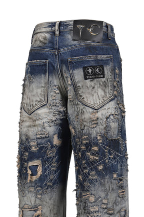 HARD-WASHED DAMAGED DENIM PANTS / BLU 
