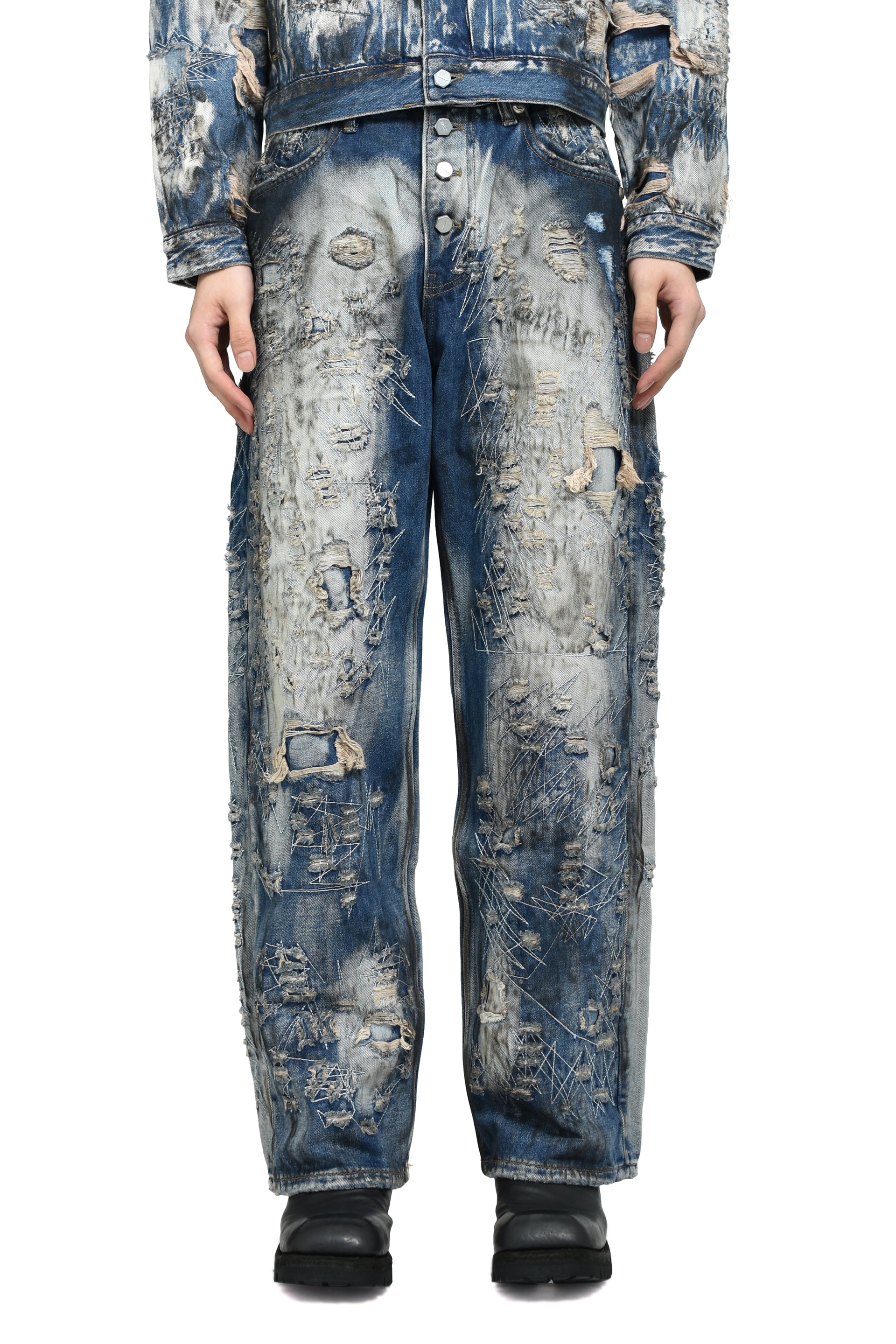 HARD-WASHED DAMAGED DENIM PANTS / BLU