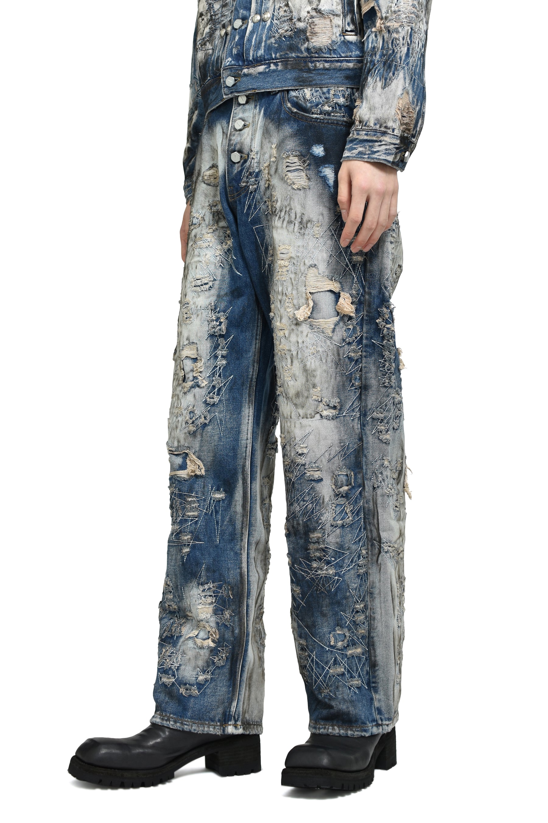 HARD-WASHED DAMAGED DENIM PANTS / BLU 