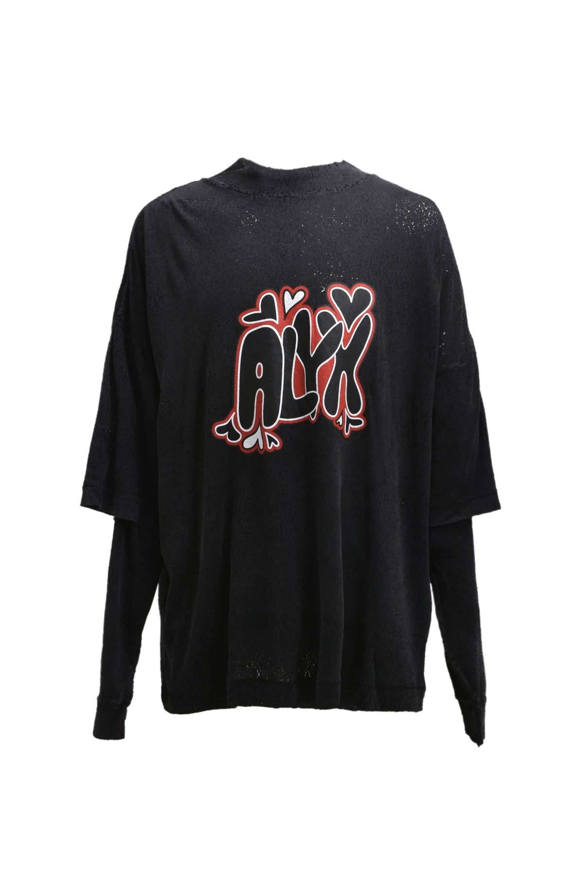 DOUBLE SLEEVE NEEDLE PUNCH GRAPHIC T-SHIRT / WASHED BLK