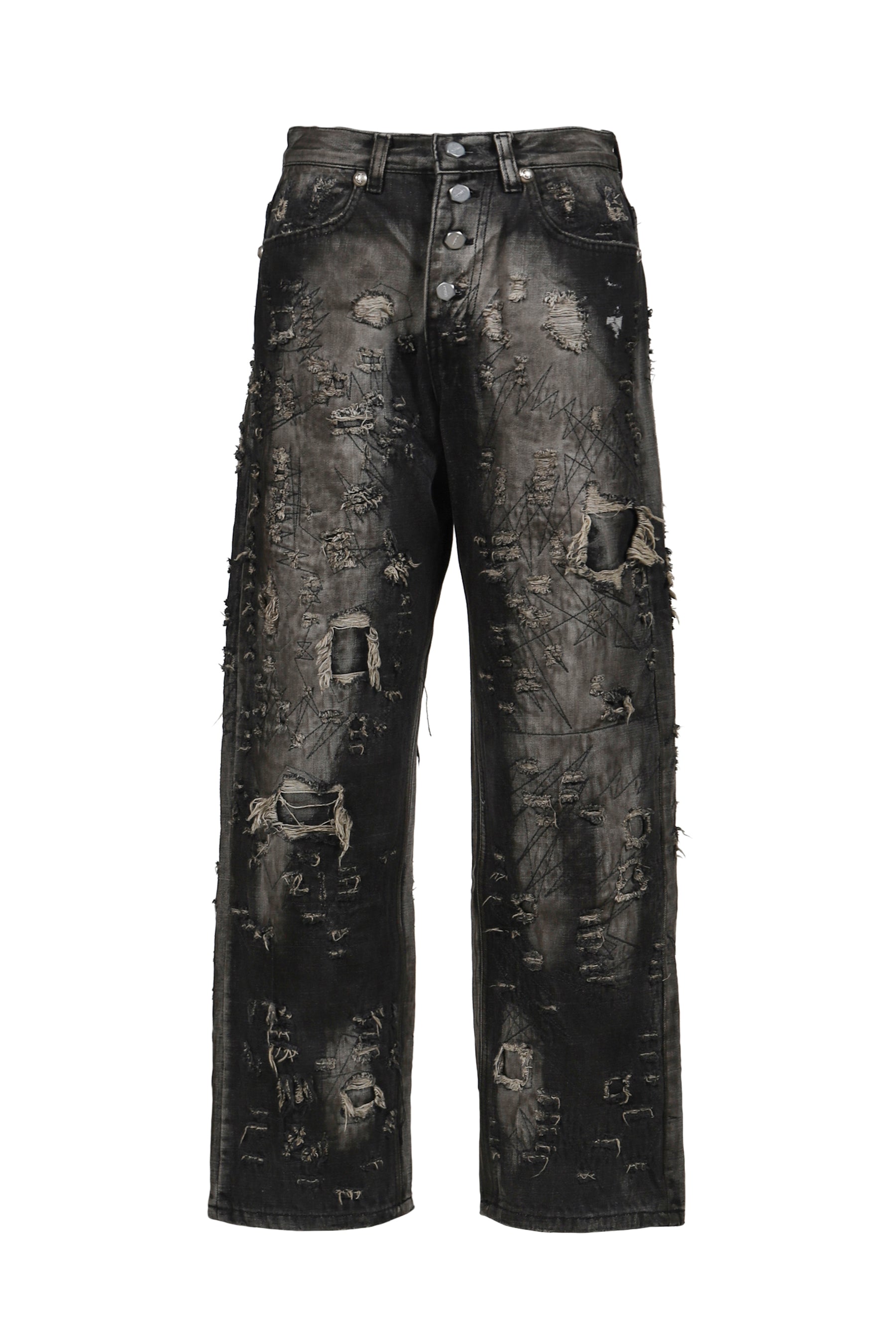 HARD-WASHED DAMAGED DENIM PANTS / BLK 