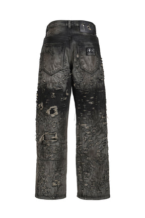 HARD-WASHED DAMAGED DENIM PANTS / BLK 