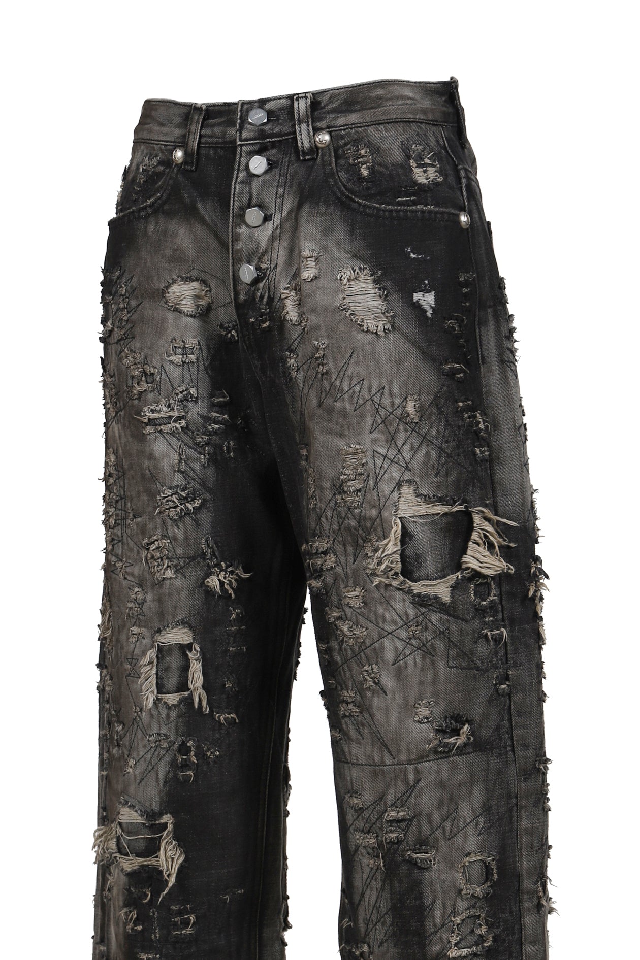 HARD-WASHED DAMAGED DENIM PANTS / BLK 