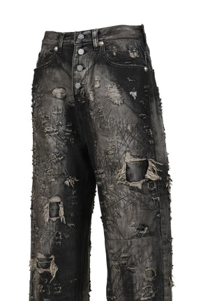 HARD-WASHED DAMAGED DENIM PANTS / BLK 