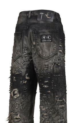 HARD-WASHED DAMAGED DENIM PANTS / BLK 