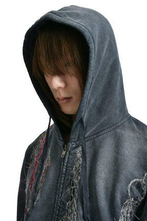 EMBROIDERED CHAIN ZIP-UP HOODIE / GRY