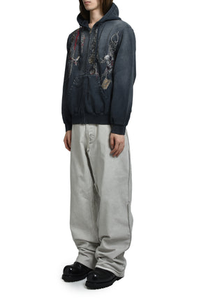 EMBROIDERED CHAIN ZIP-UP HOODIE / GRY