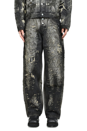 HARD-WASHED DAMAGED DENIM PANTS / BLK 