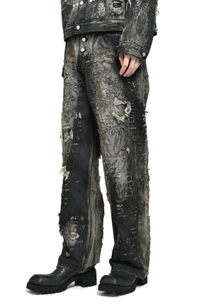 HARD-WASHED DAMAGED DENIM PANTS / BLK 