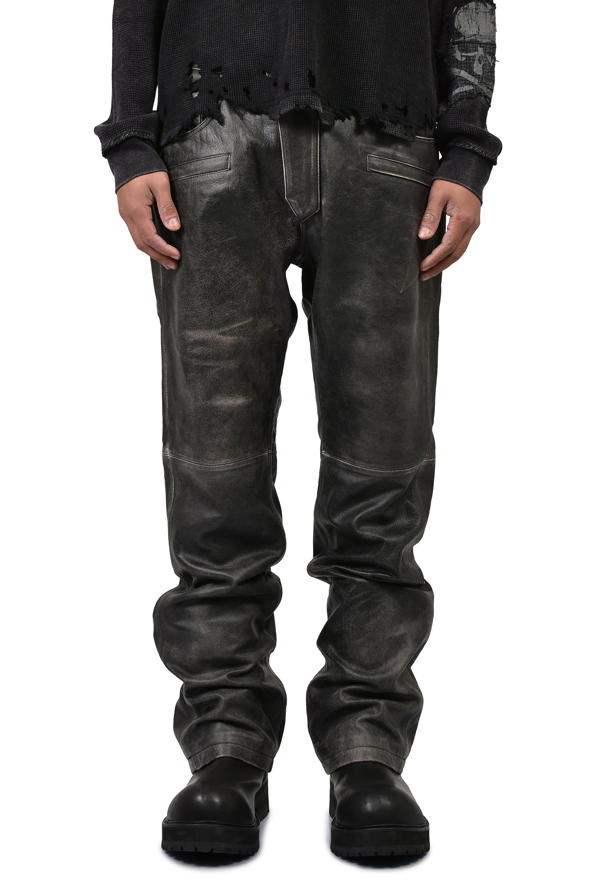 BIKER LEATHER PANTS / WASHED BLK