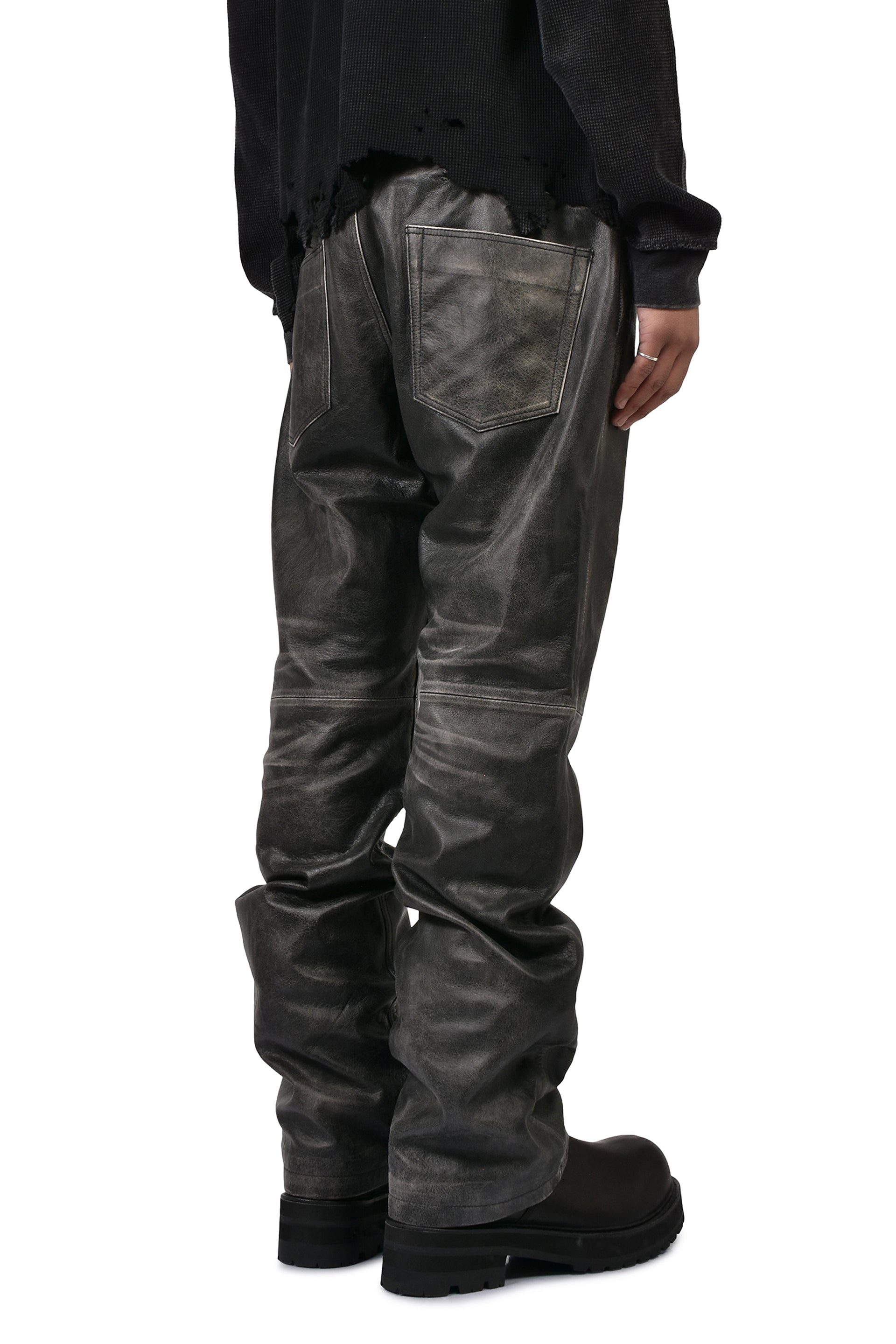 BIKER LEATHER PANTS / WASHED BLK