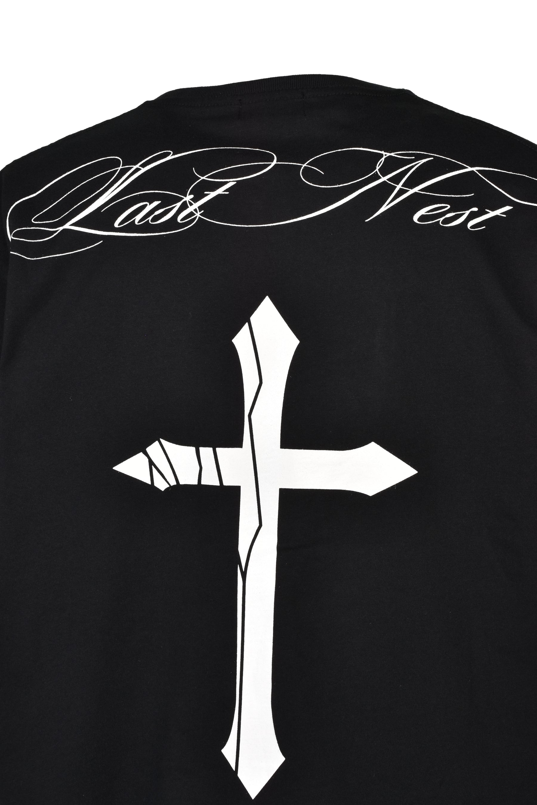 LAST NEST ラストネスト SS26 CRACKED CROSS LOGO T-SHIRT / BLK