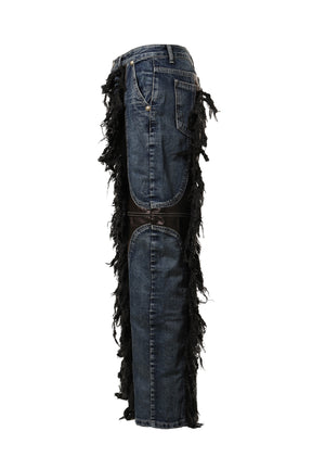 MOHICAN LEATHER DENIM PANTS / BLU BLK