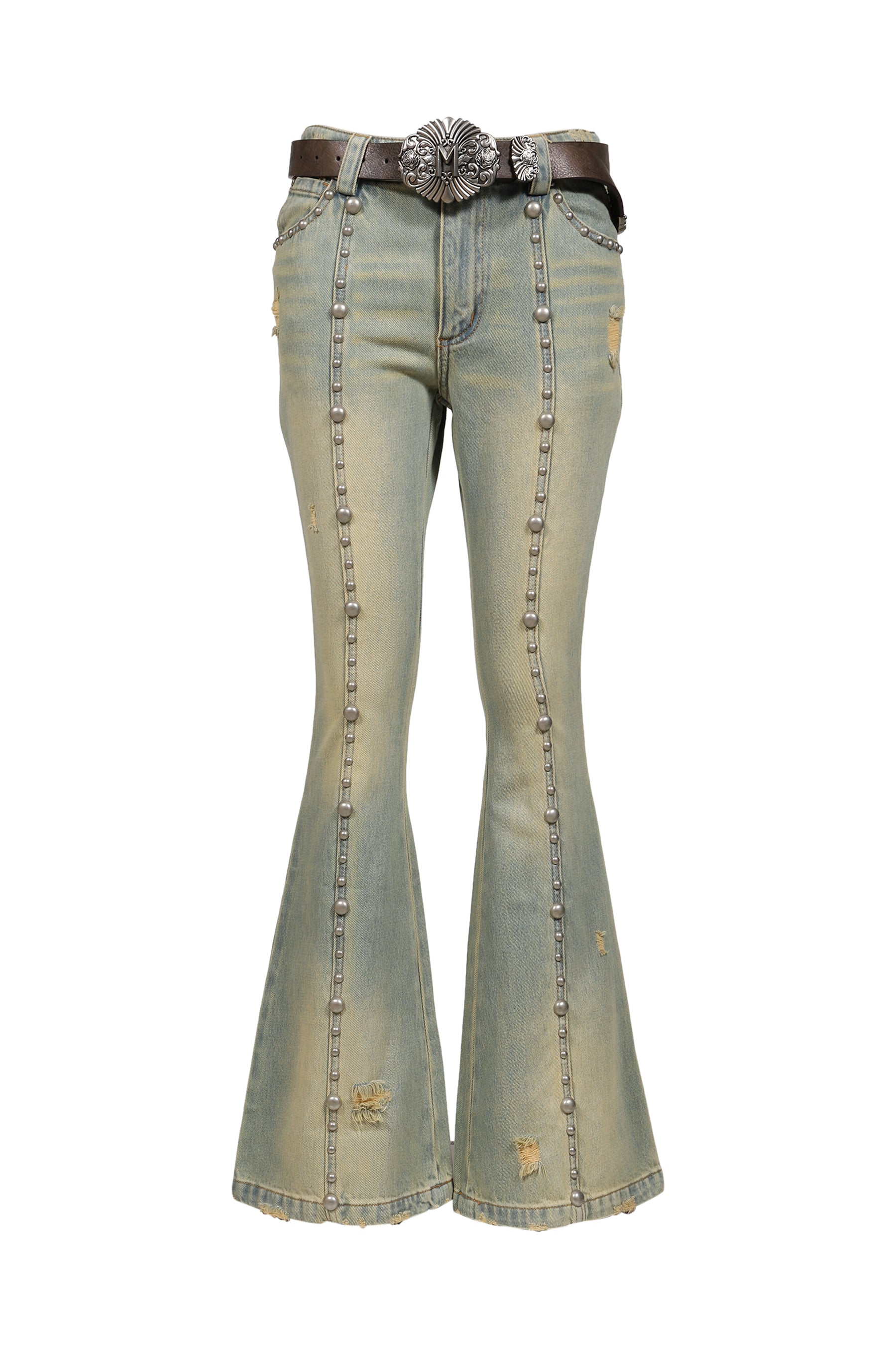 BLUE STUDDED FLARED JEANS / BLUE