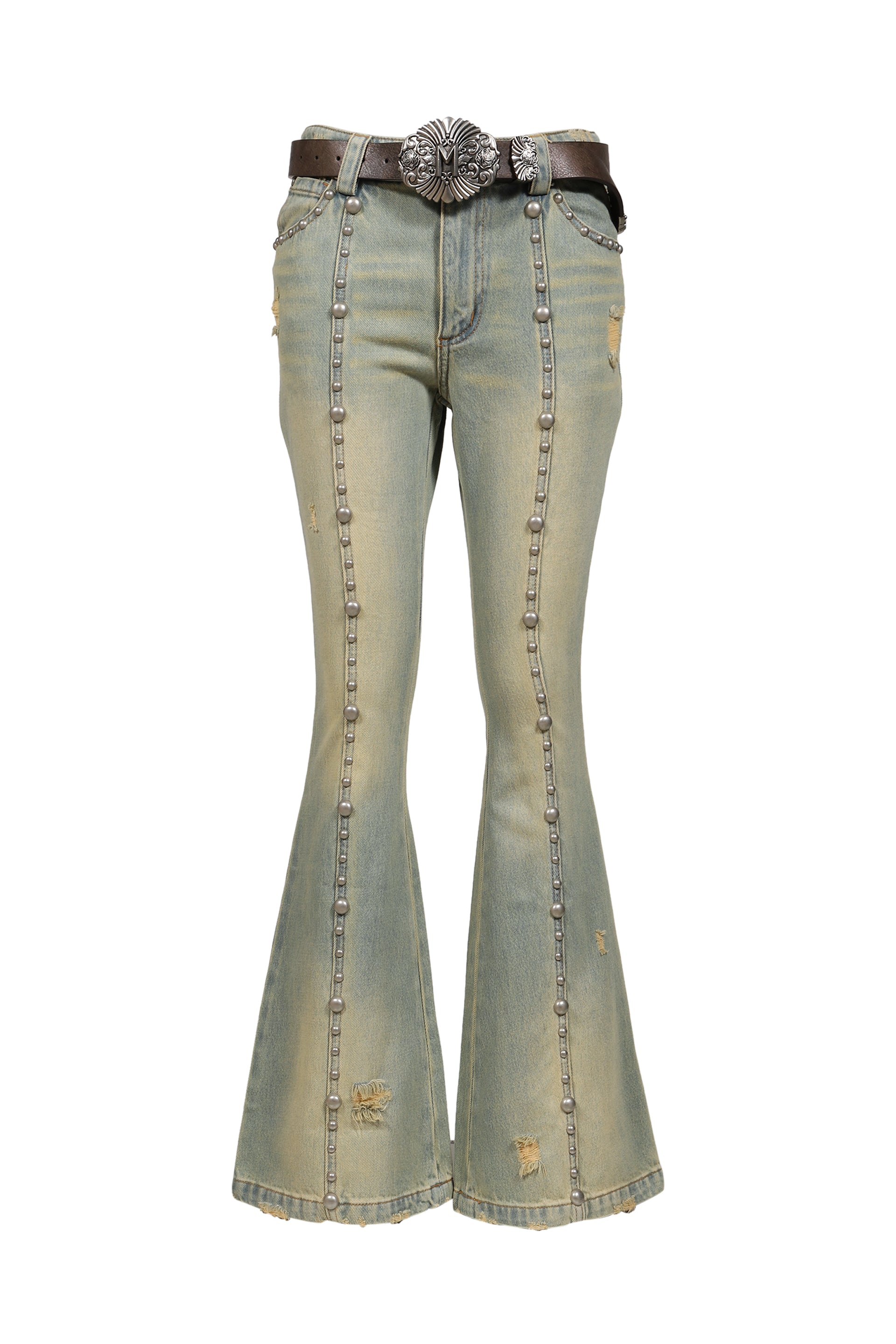 BLUE STUDDED FLARED JEANS / BLUE