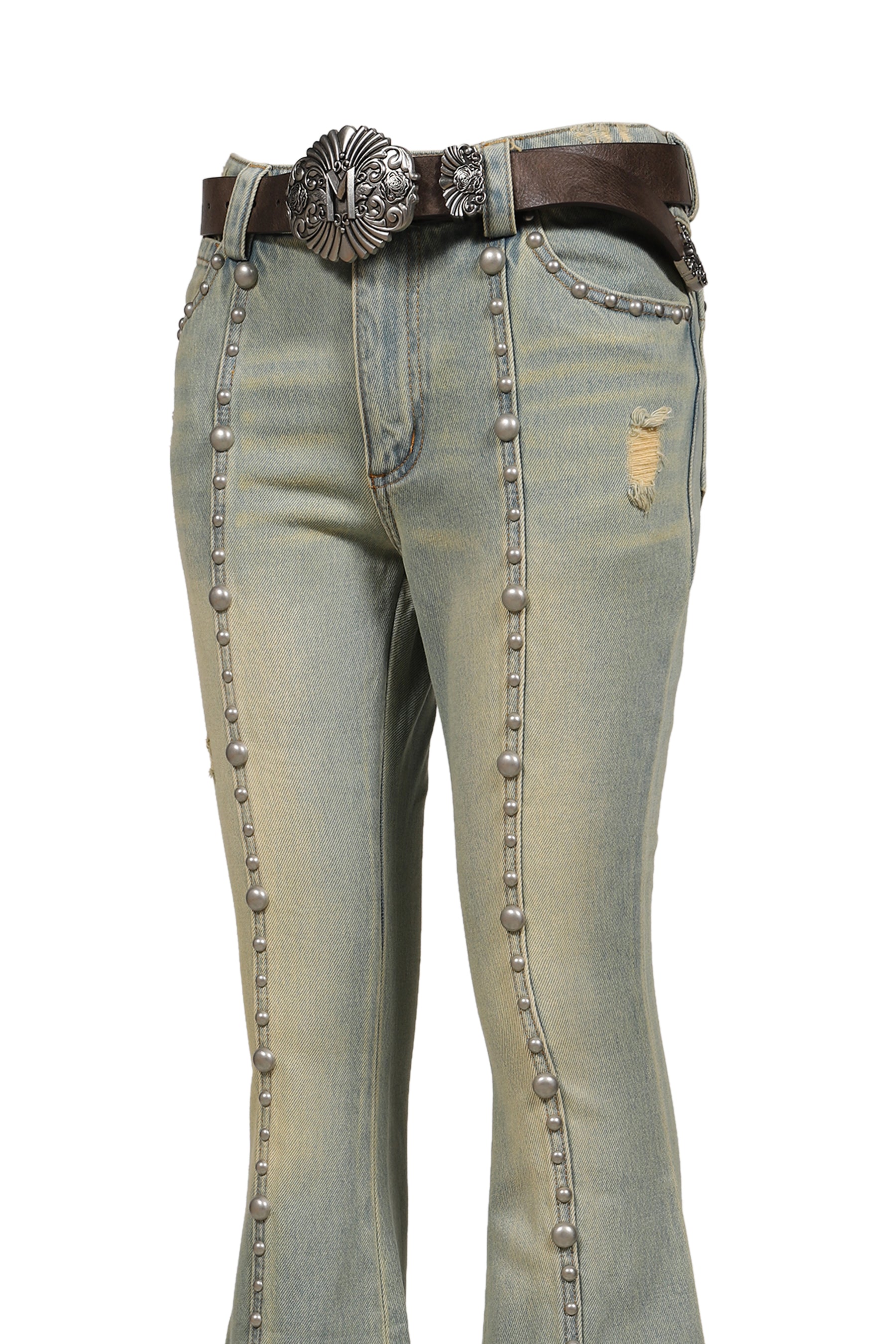 BLUE STUDDED FLARED JEANS / BLUE