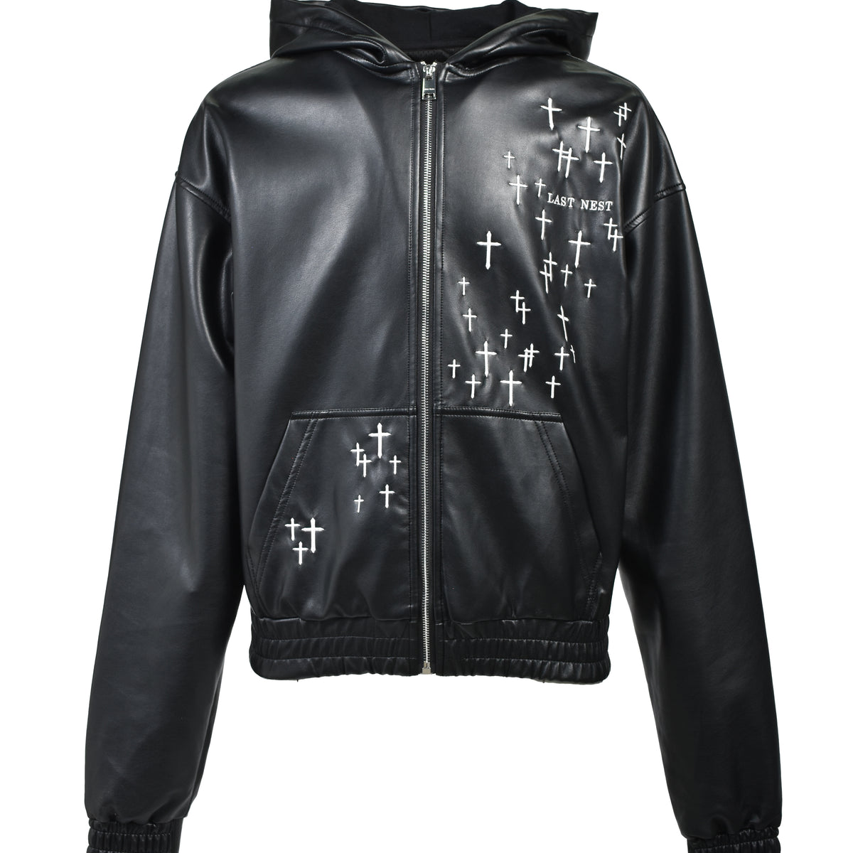 ジャケット・アウター LAST NEST LEATHER ZIP HOODIE LAST NEST NUBIAN Exclusive Cross Embroidery Leather Zip Hoodie