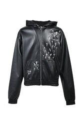 CROSS EMBROIDERY LEATHER ZIP HOODIE (EXCLUSIVE) / BLK