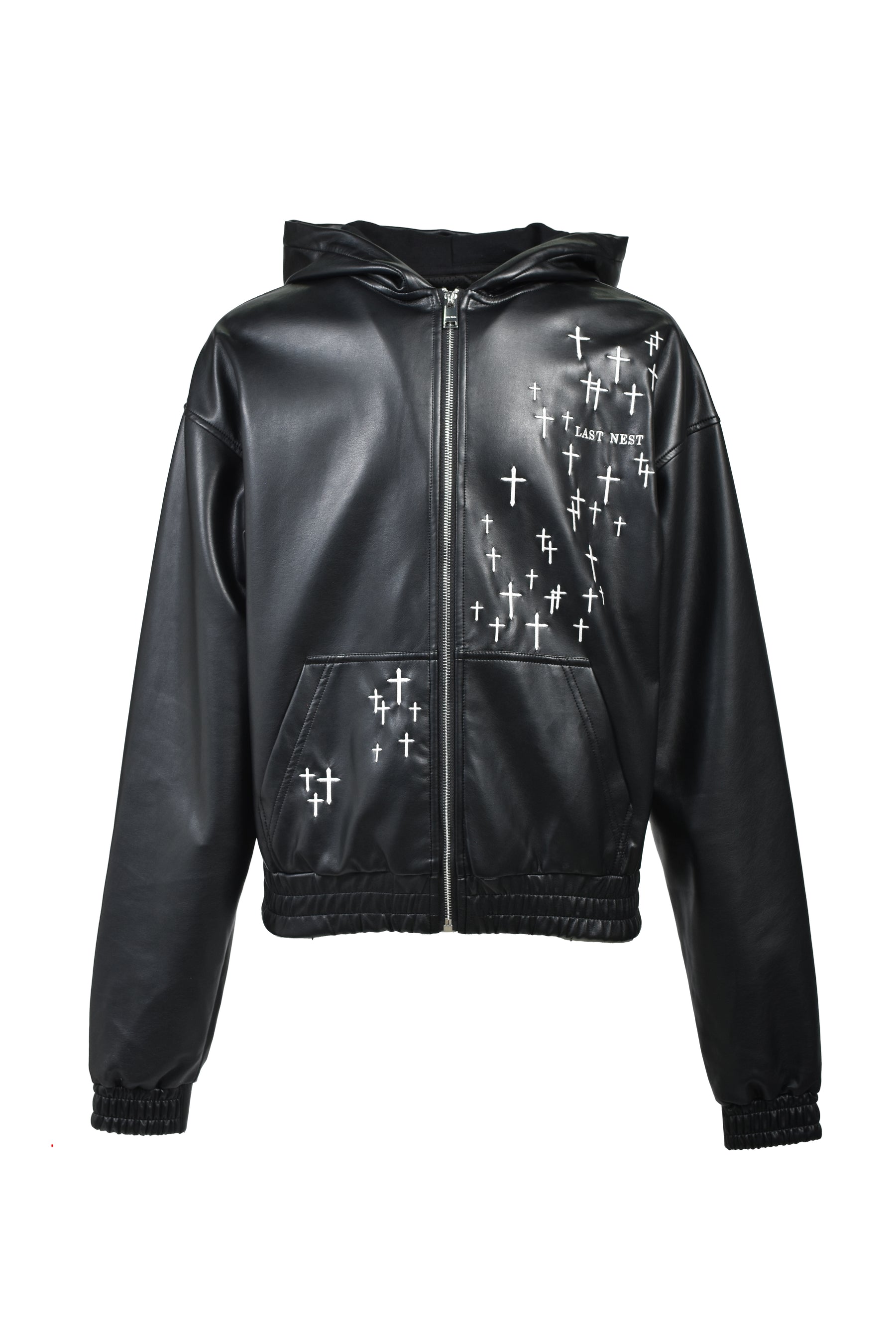 CROSS EMBROIDERY LEATHER ZIP HOODIE (EXCLUSIVE) / BLK