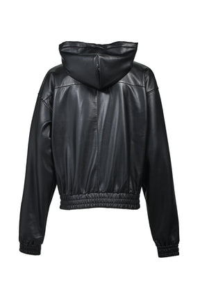 CROSS EMBROIDERY LEATHER ZIP HOODIE (EXCLUSIVE) / BLK
