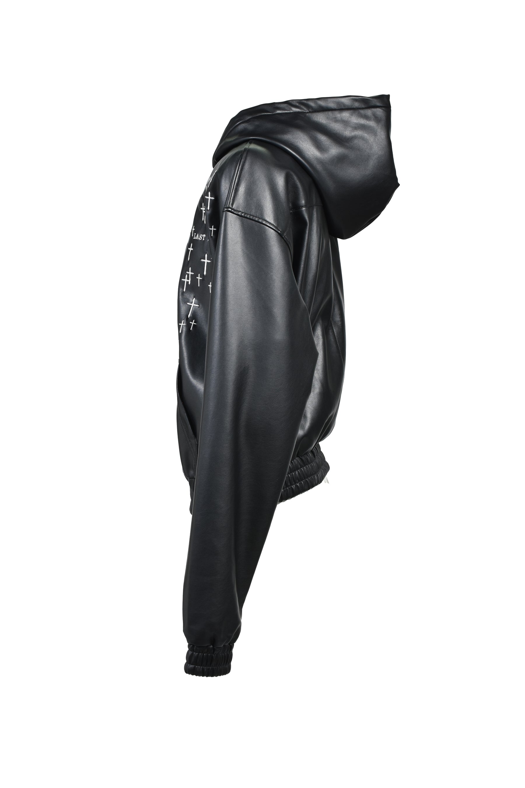 CROSS EMBROIDERY LEATHER ZIP HOODIE (EXCLUSIVE) / BLK
