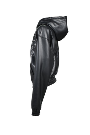 CROSS EMBROIDERY LEATHER ZIP HOODIE (EXCLUSIVE) / BLK