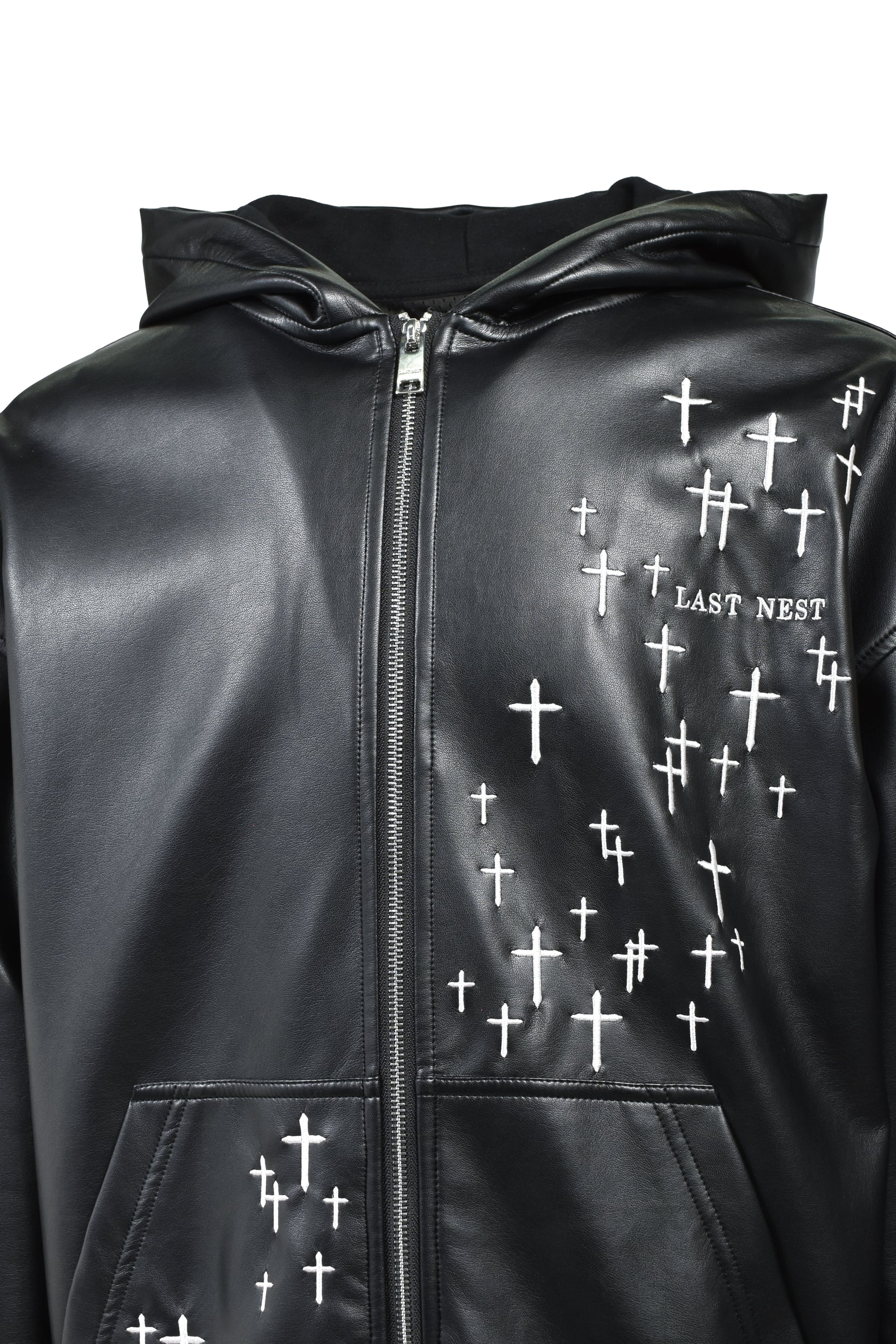 CROSS EMBROIDERY LEATHER ZIP HOODIE (EXCLUSIVE) / BLK