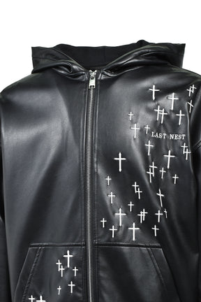 CROSS EMBROIDERY LEATHER ZIP HOODIE (EXCLUSIVE) / BLK