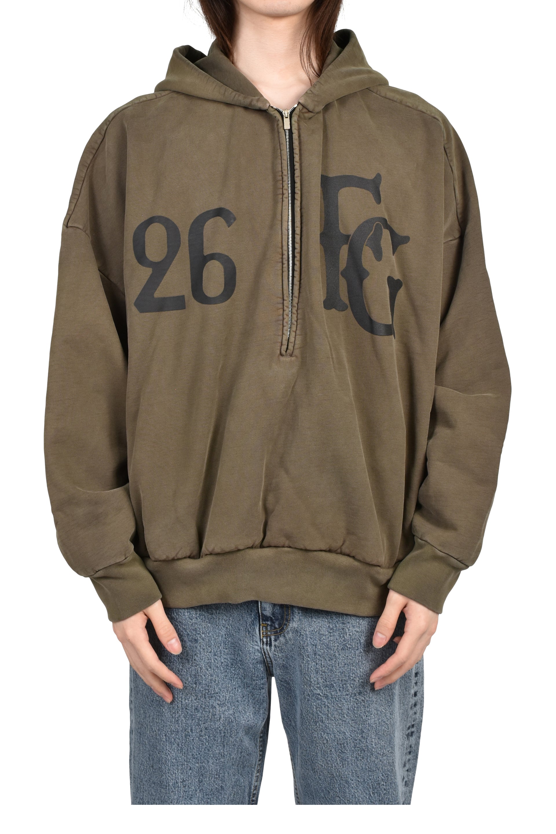 "BASEBALL CLUB" HALF ZIP HOODIE / FADED BRW