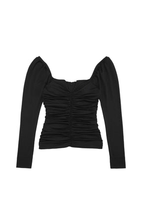 SHINY CREPE JERSEY RUCHED BLOUSE / BLK