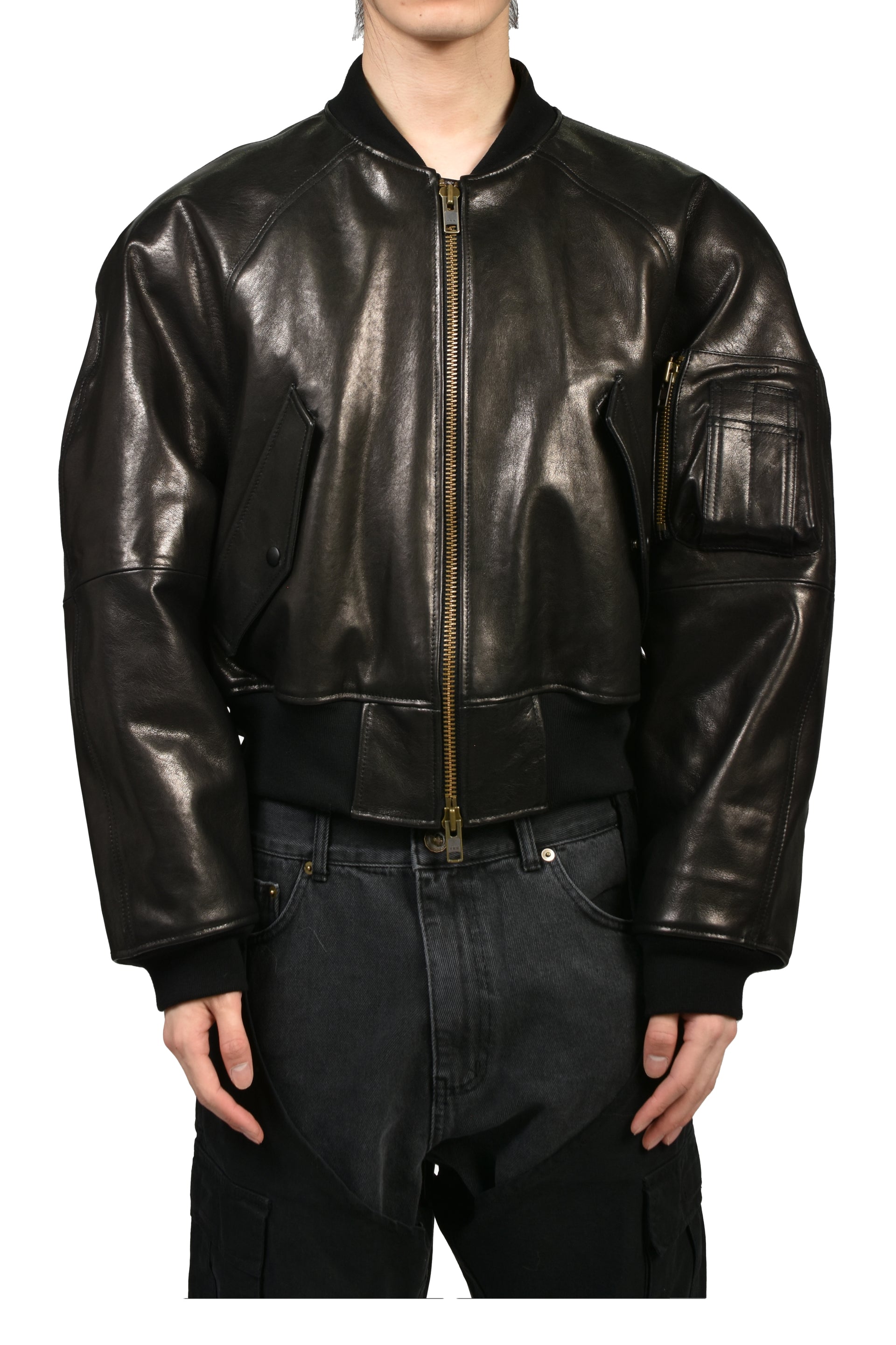 EXAGGERATED SHOULDER LEATHER JACKET / BLK