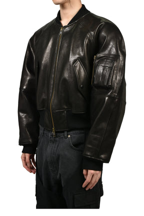 EXAGGERATED SHOULDER LEATHER JACKET / BLK