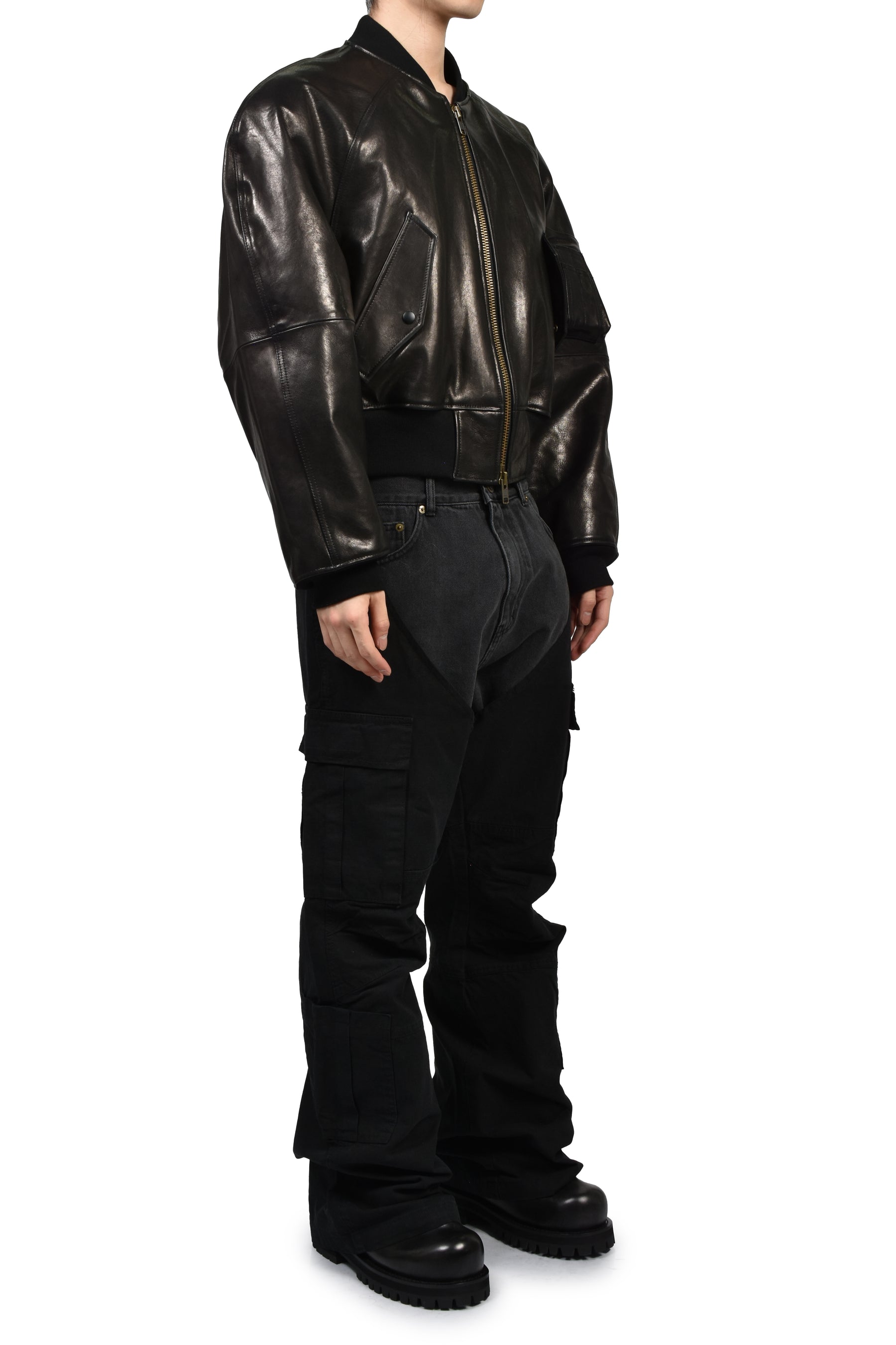 EXAGGERATED SHOULDER LEATHER JACKET / BLK