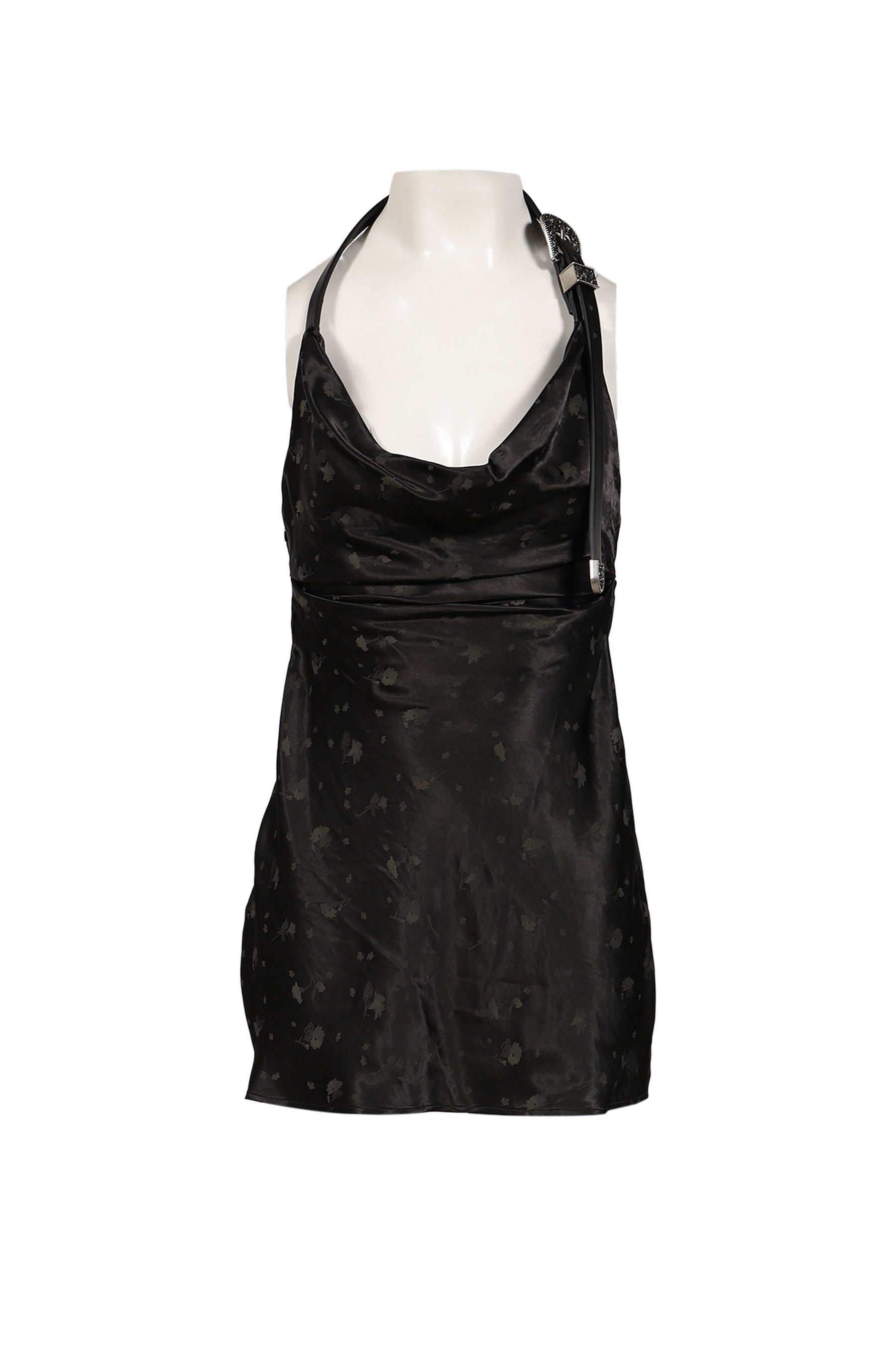 BLACK METAL BUCKLE HALTER COWL NECK MINI DRESS / BLK