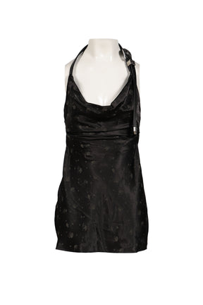 BLACK METAL BUCKLE HALTER COWL NECK MINI DRESS / BLK