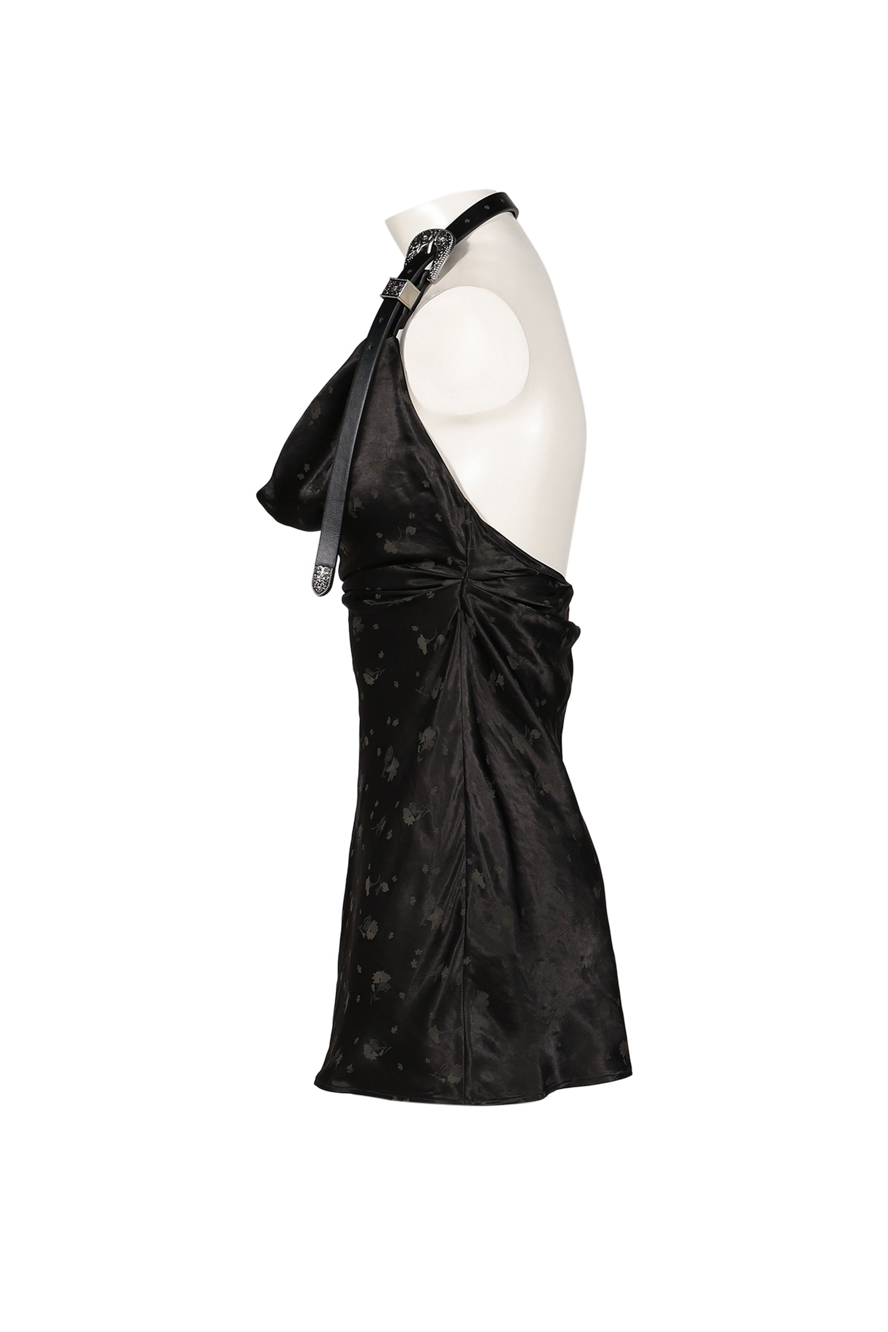 BLACK METAL BUCKLE HALTER COWL NECK MINI DRESS / BLK