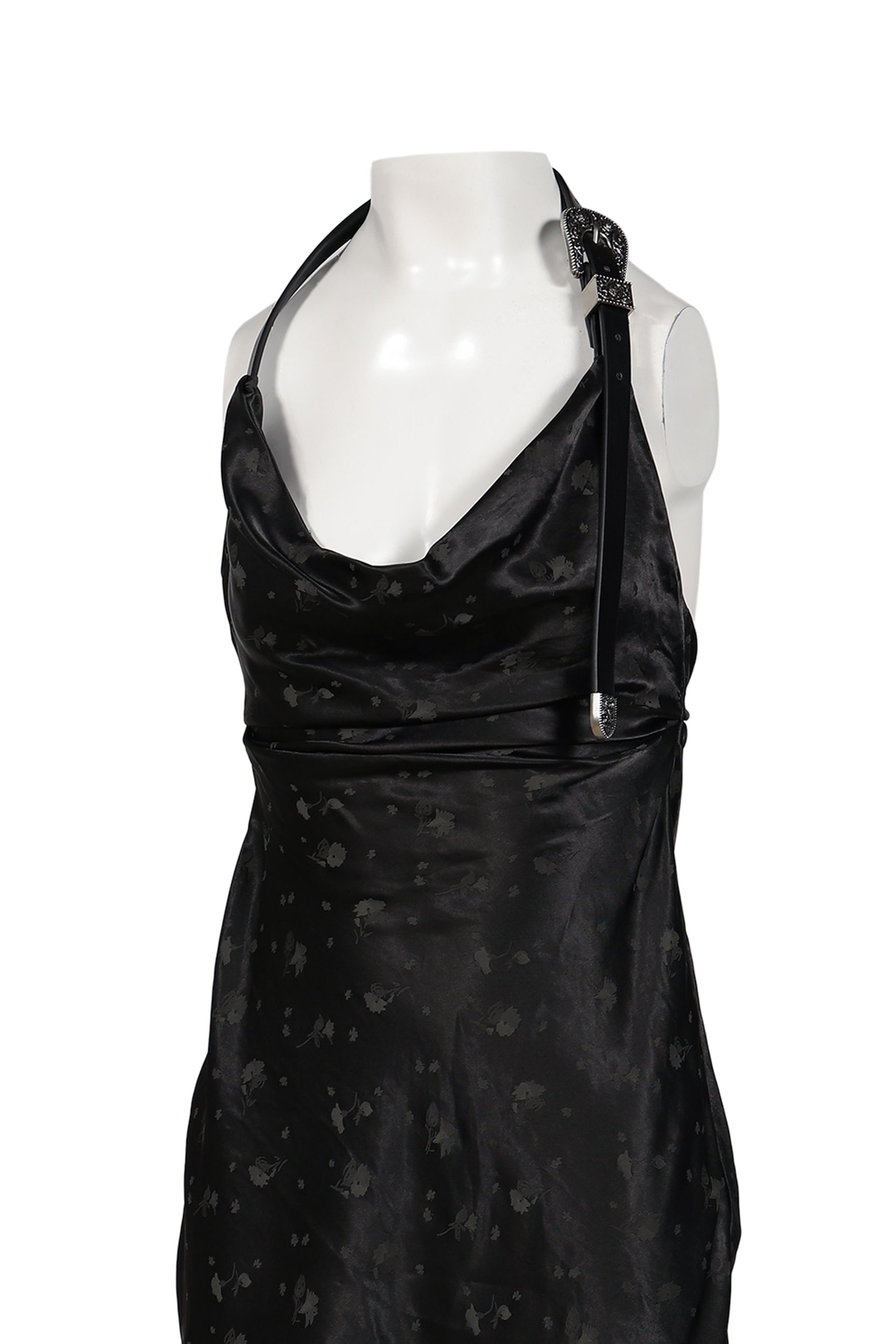 BLACK METAL BUCKLE HALTER COWL NECK MINI DRESS / BLK
