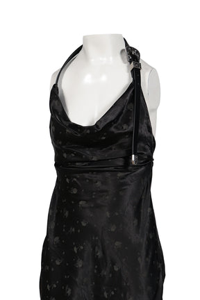 BLACK METAL BUCKLE HALTER COWL NECK MINI DRESS / BLK