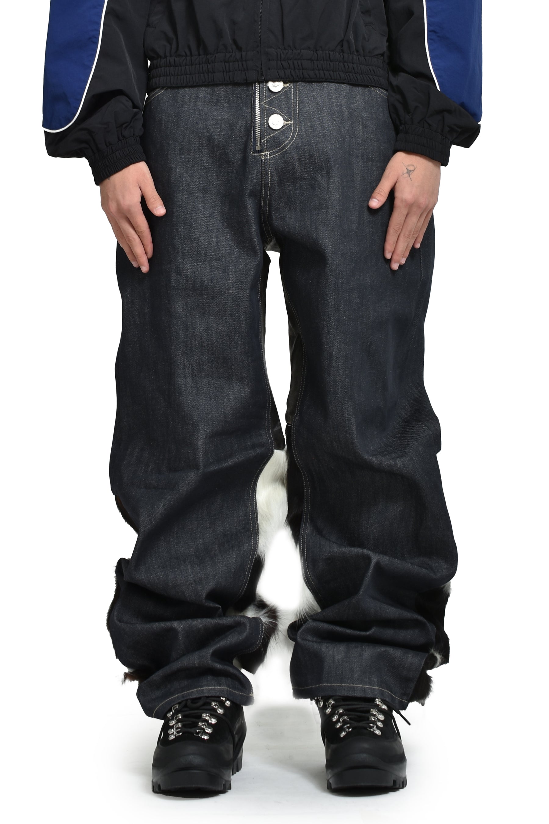 PANELED HYBRID DENIM PANTS / PONY HAIR