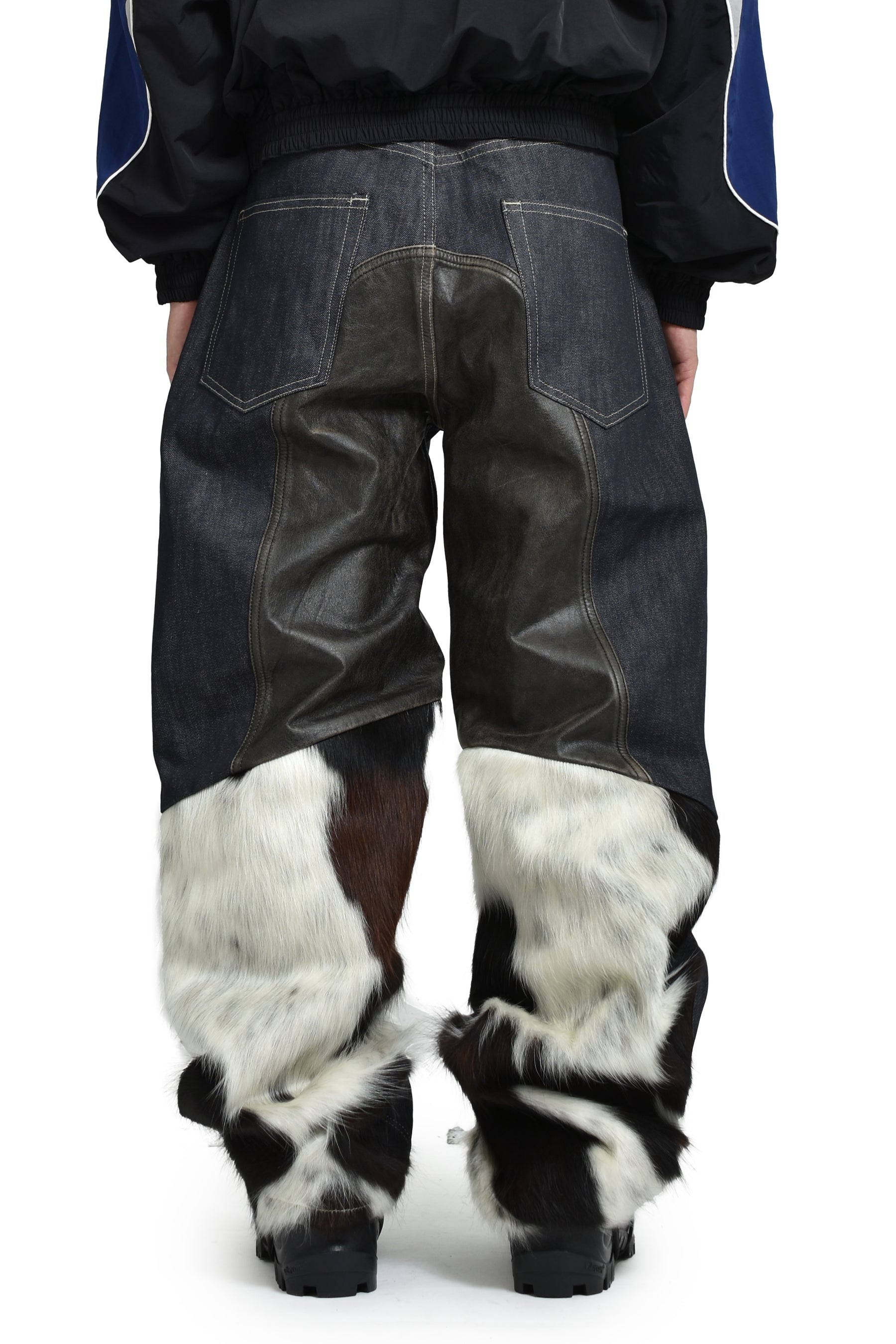 PANELED HYBRID DENIM PANTS / PONY HAIR